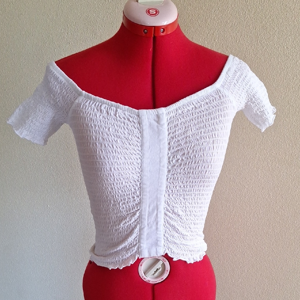 BP White Smocked Off-Shoulder Crop Top